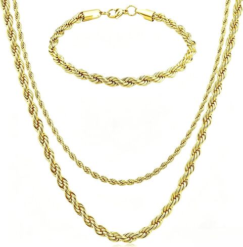 KIDOFLY Rope Chain Necklace for Men, 3mm/5mm Twist Mens Chain Necklace with Bracelet, Stainless Steel Rope Necklace Chain for Men Women Boys, 20/24 Inch in Kuwait