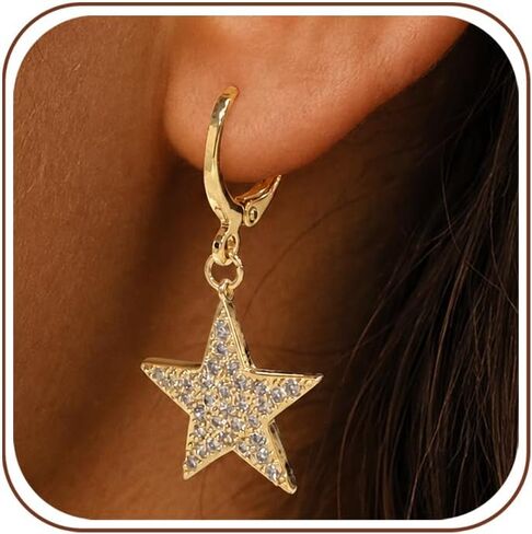 Silver Star Earrings Huggie Hoop Dangle Drop Earrings 925 Sterling Silver Earrings Star Rhinestone Earrings for Women Star Fashion Jewelry in Kuwait