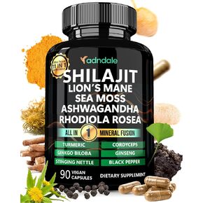 Pure Himalayan Shilajit for Men & Women. Sea Moss Shilajit Ashwagandha Rhodiola Rosea Panax Ginseng Turmeric Lion’s Mane Ginkgo Biloba Cordyceps. 11-in-1 27’505 mg/Serv. Capsules in Kuwait