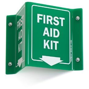 SmartSign First Aid Kit Projecting Sign with Down Arrow - 5" x 6", V-Shaped Acrylic Sign for Hallway, Corridor, Green and White, Made in USA in Kuwait