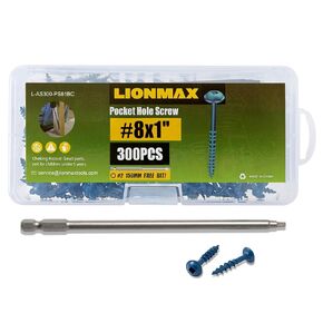 LIONMAX Pocket Hole Screws 1-1/2 Inch, 300 PCS Exterior Pocket Screw #8 x 1-1/2", Coarse Thread, Square Drive, Blue Coated Weather Resistant Pocket Hole Screws, 150MM Drive Bit Included in Kuwait