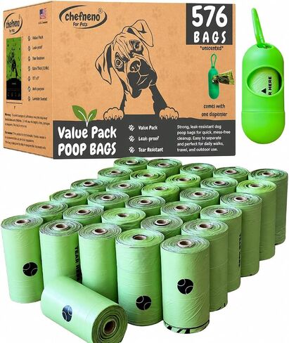 Dog Poop Biodegradable Bags with Dispenser (576 Bags) Eco-friendly doggy poop bags Pickup Bag 32 Refill Rolls Eco Dog Waste Bags Cat Litter Clamps & Poop Bags (32 Rolls, Uscented) in Kuwait