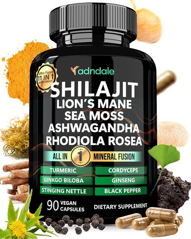 Pure Himalayan Shilajit for Men & Women. Sea Moss Shilajit Ashwagandha Rhodiola Rosea Panax Ginseng Turmeric Lion’s Mane Ginkgo Biloba Cordyceps. 11-in-1 27’505 mg/Serv. Capsules in Kuwait