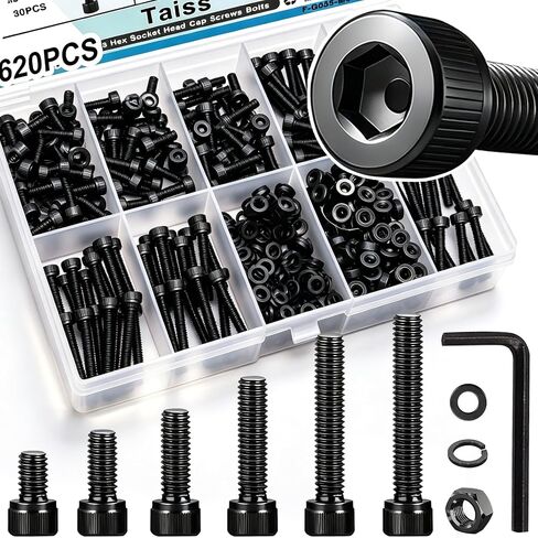 Taiss 620PCS M3 Metric Screws Assortment M3 x 6mm/8mm/10mm/12mm/16mm/20mm Hex Socket Head Cap Screws Bolts Nuts and Washers Kit,12.9 Grade Alloy Steel Black Zinc Plated Small Metric Screws in Kuwait