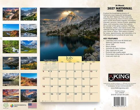 2024 National Parks Wall Calendar 16-Month X-Large Size 14x22, Best National Park Scenic Calendar by The KING Company-Monster Calendars in Kuwait
