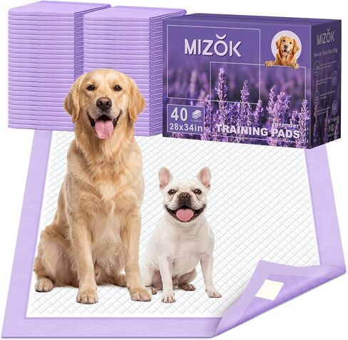 وسادات تبول MIZOK باللون الأرجواني مقاس 28 × 44 بوصة معطرة باللافندر، وسادات تبول للكلاب كبيرة جدًا للتحكم في الرائحة، فائقة الامتصاص لما يصل إلى 12 كوبًا، و6 طبقات من وسادات تبول مضادة للتسرب للكلاب (30 قطعة) in Kuwait