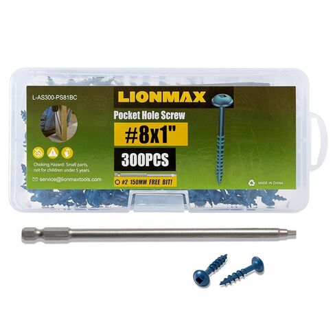 LIONMAX Pocket Hole Screws 1-1/2 Inch, 300 PCS Exterior Pocket Screw #8 x 1-1/2", Coarse Thread, Square Drive, Blue Coated Weather Resistant Pocket Hole Screws, 150MM Drive Bit Included in Kuwait