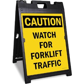 SmartSign 24 x 18 inch “Caution - Watch For Forklift Traffic" Two-Sided BabyBoss A-Frame Sign Kit, Plastic, Black and Yellow (1 A-Frame + 2 Sign Panels), Made in USA in Kuwait