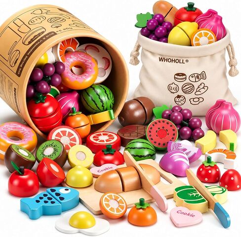 WHOHOLL Play Food Set للعب ملحقات المطبخ، ألعاب موراندي الخشبية الملونة، الطعام التظاهري بقطع الطعام مع سلة، ألعاب مونتيسوري للفتيات من عمر سنة فما فوق، موارد تعليمية لحماية العين in Kuwait