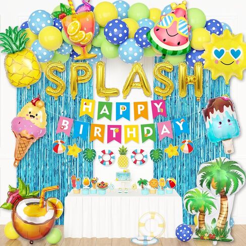 Ouddy Life Summer Pool Beach Party Decor، سبلاش سبلاش، زينة حفلات أعياد الميلاد، بالونات استوائية، لافتة كعكة علوية للأطفال، لوازم تزيين حفلات هاواي الاستوائية، مياه السباحة in Kuwait