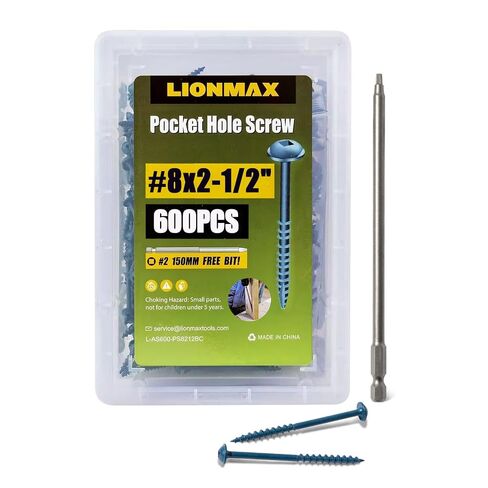 Pocket Hole Screws 2-1/2 Inch, LIONMAX Pocket Screws #8 x 2-1/2" 300PCS for Exterior, Blue Coated Pocket Hole Screw, Coarse Thread, Washer Head with Square Drive, 150MM Drive Bit Included in Kuwait