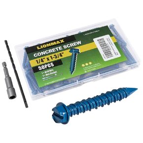 LIONMAX Concrete Screws, 50-PCS 3/16" x 2-1/4" Hex Head Concrete Screws for Masonry, Block or Brick, Diamond Tip, Rust Resistant Blue Coated Masonry Screws, 1 Hex Socket and 1 Drill Bit in Kuwait