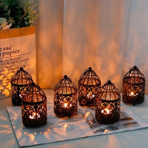 JHY DESIGN 6 قطع تحف الزفاف 5.5 بوصة ارتفاع عصا شموع معدنية صغيرة حامل معلق قفص العصافير Tealight فانوس حوامل شموع مجوفة لطاولة عيد الحب فناء داخلي خارجي (كريم أبيض) in Kuwait