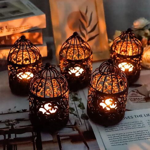 JHY DESIGN 6 قطع تحف الزفاف 5.5 بوصة ارتفاع عصا شموع معدنية صغيرة حامل معلق قفص العصافير Tealight فانوس حوامل شموع مجوفة لطاولة عيد الحب فناء داخلي خارجي (كريم أبيض) in Kuwait