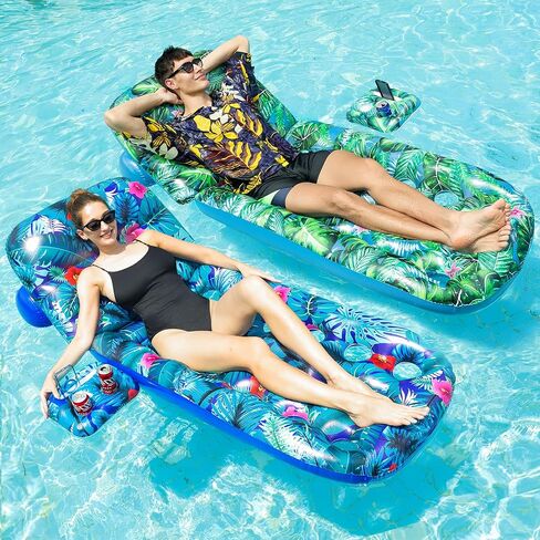 FindUWill Pool Floats Chairs Adult - 2 Pack 65'' x 42'' كراسي عائمة كبيرة لحمام السباحة، كرسي حمام سباحة قابل للنفخ مع حامل هاتف كوب، مسند ظهر، مسند للقدمين، صالة حمام سباحة الدباغة (أزرق وأخضر) in Kuwait