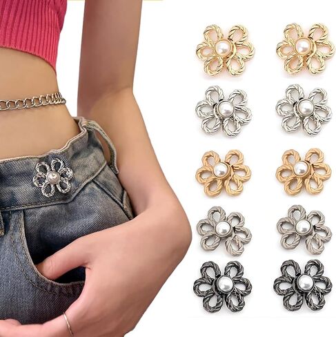 Flower Jeans Button 10 Sets Pant Waist Tightener, Adjustable Waist Buckle Sets No Sew and No Tools Detachable Decorative Waist Buckles, Jean Buttons Pins for Loose Jeans, Pants, Skirts (No Sew) in Kuwait