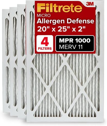 Filtrete 20x25x1 AC Furnace Air Filter, MERV 11, MPR 1000, Micro Allergen Defense, 3-Month Pleated 1-Inch Electrostatic Air Cleaning Filter, 4 Pack (Actual Size 19.69 x 24.69 x 0.81 in) in Kuwait
