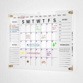 Acrylic Wall Calendar with Dry Erase Surface | 28x20" Clear Monthly Planning Board | Includes 8 Color Markers, Eraser, Multi-Color Standoff Screws, and Installation Kit | Perfect for Home & Office in Kuwait