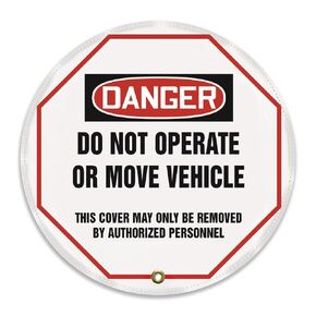 غطاء رسالة عجلة القيادة من الفينيل من Accuform KDD811 STOPOUT، أسطورة OSHA-Style "DANGER DO NOT OPERATE OR MOVE VEHICLE - لا يمكن إزالة هذا الغطاء إلا من قبل الأشخاص المعتمدين"، قطر 16 بوصة، أحمر/أسود على أبيض in Kuwait