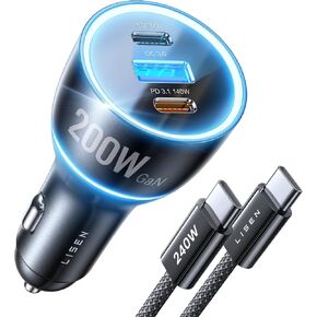 LISEN 200W Car Charger USB C Fast Charge [GaN] PD 140W Fast Car Charger | USB C, Cigarette Lighter Adapter for Multi Device, for iPhone 17 16 15 14 13 12, MacBook Pro, Laptop, iPad, Samsung S26 S25 in Kuwait