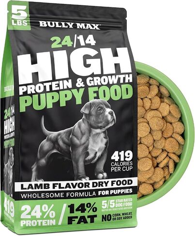 Bully Max Puppy Food 24/14 تركيبة عالية البروتين والنمو - طعام جاف للكلاب مع لحم الضأن والأرز للكلاب الصغيرة والجراء الكبيرة - طبيعي، مطبوخ ببطء، أغذية الحيوانات الأليفة الحساسة للمعدة، حقيبة بوزن 5 رطل in Kuwait