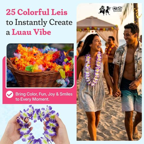 Crazy Games عدد 50 قلادة هاوايان ليز لديكورات حفلات Luau I لوازم ديكور الحفلات الاستوائية | قلادة صيفية على شكل زهرة ملونة لحفلات الشاطئ in Kuwait