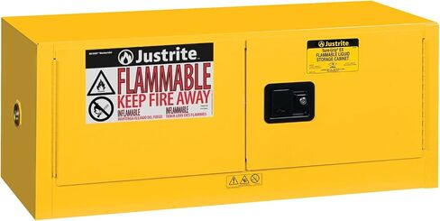Justrite 891300 Sure-Grip EX من الفولاذ المجلفن 2 باب يدوي على الظهر خزانة تخزين آمنة قابلة للاشتعال، سعة 12 جالون، عرض 43 بوصة × ارتفاع 18 بوصة × عمق 18 بوصة، أصفر in Kuwait