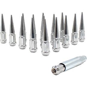 Wheel Accessories Parts Set of 16 ATV/UTV Black Spike Installation Lug Nut Kit | Solid Metal Lug Nuts 12 X 1.5 Thread 3.35" Tall Closed End Bulge Acorn Spiked Lug Nut 1 Long Socket Key (M12x1.50)