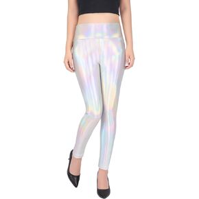 HDE Women's Shiny Holographic Leggings Liquid Metallic Pants Iridescent Tights