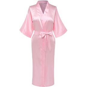 Women's Robe Pure Long Kimono Robes Lightweight Silky Sleepwear V-Neck Calf-Length Bathrobe
