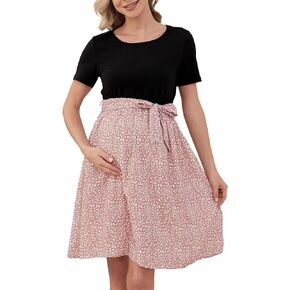 Floral Maternity Dress, Short Sleeve Maternity Summer Dress with Belt, Maternity Summer Clothes for Baby Shower