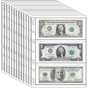 20 Sheets Currency Sleeves Paper Money Collection Supplies Pages, Currency Collecting Page with Standard 9 Hole Coin Binder Sleeves for Coupon Stamp Currency Collection (3 Pocket)