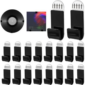 18pcs Vinyl Record Wall Mount Shelf, Nail-Free Vinyl Record Holder Display Self-Adhesive Acrylic Album Storage Hanger for Collection Magazine CD Card Home Office Decoration (Black)