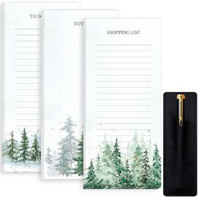 Whaline 3Pcs Green Forest Magnet Notepad Watercolor Trees Refrigerator Magnetic List Pad Nature Scenery Grocery Shopping List with Leather Pen Holder for Home Kitchen Fridge Decor