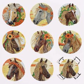 Withinafootof 8Pcs Horse 5D Diamond Art Painting Coasters Kits with Holder for Adults Kids Western Cowboy Gem Mosaics Embroidery Paint-by-Number Rhinestone Craft Home Decoration Supplies