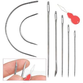 Pikdmin 7+1 Pcs Heavy Duty Hand Sewing Needles Kit, 5 Leather Hand Sewing Needle 2 Curved Needle and 1 pcs Needle threaders for Home Upholstery,Leather Needles for Hand Sewing,Carpet Canvas Repair