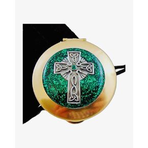 Celtic Cross Pyx with Raised Design and Black Velvet Drawstring Burse, Green
