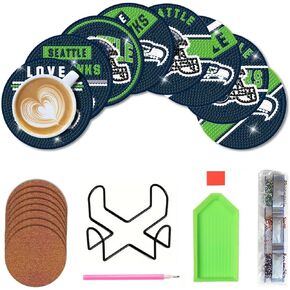 8 Pcs Diamond Painting Coasters Kit, DIY Football Diamond Art Coasters with Holder for Seattle Adults Diamond Art Crafts Supplies