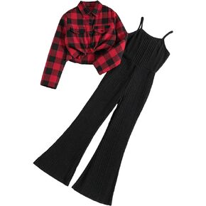 OYOANGLE Girl's 2 Piece Outfits Rib Knit Flare Leg Cami Jumpsuit and Plaid Flannel Shirts Set