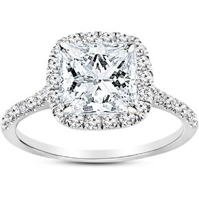 14K White Gold 3 Carat LAB GROWN DIAMOND Halo Princess Cut Diamond Engagement Ring (G-H Color VS2-SI1 Clarity 2.5 Ct Center)