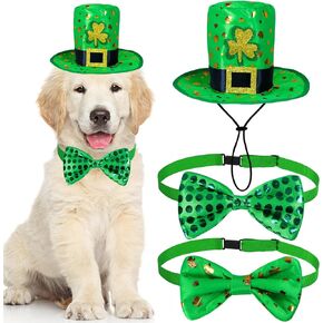 GOYOSWA 3 PCS Dog St. Patrick's Day Outfit, St Patricks Day Dog Clothes Green Shamrock Dog Hat Dog Bow Tie Collar for Small Medium Large Dogs (Dog Hat & 2 Bow Tie)