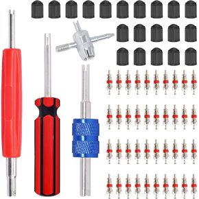 64PCS Tire Valve Stem Removal Tool Kit - 40PCS Tire Valve Cores, 20PCS Valve Stem Caps, 4-Way Valve Tool, Single and Dual Heads Valve Core Remover Tire Repair Tool