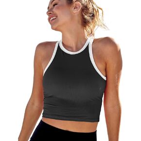 Everrysea Womens Workout Tops Ribbed Longline Sports Bras Crop Yoga Top High Neck Athletic Tank Built in Bra Racerback