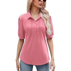 قمصان بولو نسائية بأكمام قصيرة وياقة بأزرار سفلية وبلوزة تونيك كاجوال فضفاضة in Kuwait