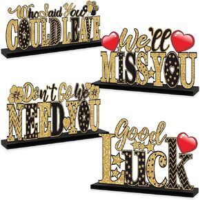 We Will Miss You Decorations, 4 Pcs Going Away Party Wooden Table Centerpieces, Black Gold Retirement Theme Farewell Table Sign Party Supplies, Who Said You Could Leave Goodbye Party Table Decor
