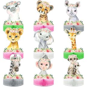 9Pcs Jungle Animals Honeycomb Centerpieces, Safari Baby Shower Table Decorations for Girls Kids, Safari Jungle Themed Birthday Party Suppiles, Wild One Birthday Party Decorations