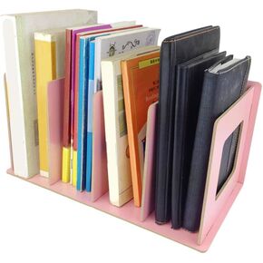 Magazine Holder, Vertical Wooden Folder Desktop File Sorter Organizer 4 Slot DIY Books DVD Storage Magazine File Holder Bookshelf Decor Home Office(Light Pink)