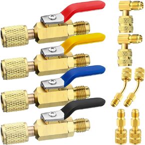 Mudder 10 Pcs Air Conditioning Refrigerant Compact Ball Valve 1/4 Inch Compatible with HVAC Adapter R410A R134A R12 R22 5/16inch Female to 1/4inch Male Flare (4 Straight Ball Valve, 6 Adapter)