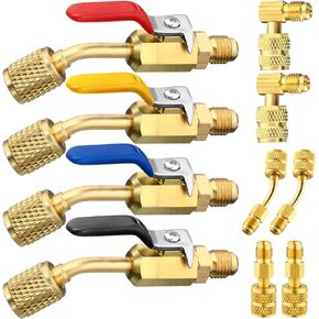 Mudder 10 قطع صمام كروي مدمج لتكييف الهواء 1/4 بوصة متوافق مع محول HVAC R410A R134A R12 R22 5/16 بوصة أنثى إلى 1/4 بوصة ذكر مضيئة (4 صمام كروي مستقيم، 6 محول)
