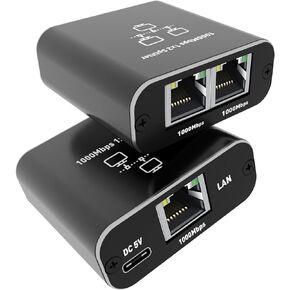 Ethernet Splitter Adapter LAN 1 to 2 Network Switch Adapter with USB Power Cable High Speed Gigabit Dual RJ45 Adapter for Cat 5/5e/6/7/8 Network Cable -1 Pack